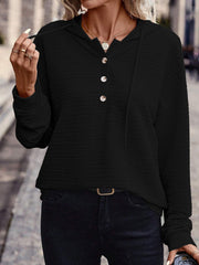 Damen Texturierter Kapuzenpullover mit Knopfleiste und Oversize-Schnitt Nord Taschen – Schwarz