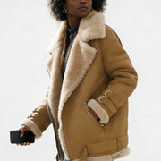 Damen Kurze Fliegerjacke mit Teddyfutter, weichem Lammfellkragen und Reißverschluss Nord Taschen – Khaki