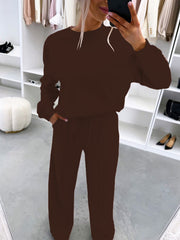 Damen Casual-Loungewear-Set mit Oversize-Batwing-Pullover und weitem Jersey-Hosenbein Nord Taschen – Kaffeebraun - Sofortversand