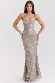 Damen nan elegantes besticktes Abendkleid mit Korsettoberteil und transparentem Spitzenüberzug - Vittorelli – Grau