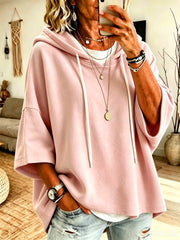 Damen Kurzarm-Oversize-Hoodie mit Kapuze und Kontrastkordel Nord Taschen – Rosa