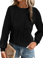 Damen Plissiertes Feinstrick-Longsleeve mit Rundhalsausschnitt Nord Taschen – Schwarz - Tagesversand