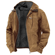 Herren Gefütterte Kapuzen-Lederjacke mit Teddyfutter und Brustreißverschlusstasche Nord Taschen – Camel