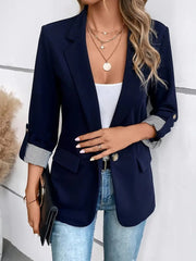 Damen Casual-Blazer mit gekrempelten Ärmeln und gestreiftem Futter Nord Taschen – Dunkelblau