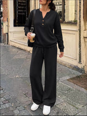 Damen Lounge-Set mit Henley-Kragen und palazzoweiter Jogginghose Nord Taschen – Schwarz