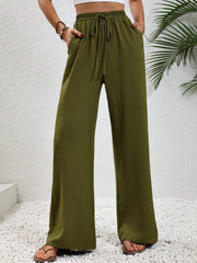 Damen Weite Palazzohose mit hohem Elastikbund, Kordelzug und Eingrifftaschen Nord Taschen – Olivgrün