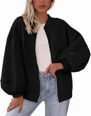 Damen Oversize Bomberjacke mit Ballonärmeln und durchgehendem Reißverschluss Nord Taschen – Schwarz
