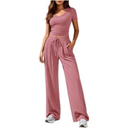 Damen Lässiges Lounge-Set mit tailliertem V-Ausschnitt bauchfreiem Top und weitem Kordelbund-Hose Nord Taschen – Pink