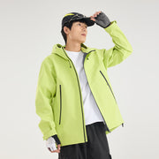 Damen Leichte technische Regenjacke im Oversize-Utility-Schnitt mit verstellbarer Kapuze Nord Taschen – Schwarzgoldgrün