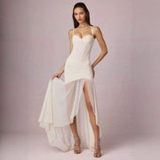 Damen Gerafftes Asymmetrisches Korsettkleid In Elfenbein – Luxuriöses Brautkleid – Weiß
