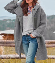 Damen Bouclé-Kapuzenmantel im Oversize-Schnitt mit verdeckter Knopfleiste Nord Taschen – Grau