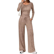 Damen Zweiteiliges Feinstrick-Lounge-Set mit Henley-Top und Palazzo-Hose Nord Taschen – Khaki