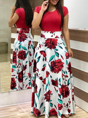 Damen Zweiteilig wirkendes Maxikleid mit figurbetontem Jersey-Oberteil und weitem Blumenrock Nord Taschen – Rot Kurzarm 8888