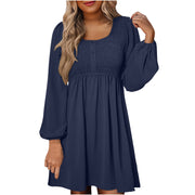 Rosa | Damen Minikleid Smok-Oberteil Eckiger Ausschnitt Langarm – Marineblau