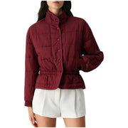 Damen Kurz geschnittene Steppjacke mit Stehkragen und Taillengummi Nord Taschen – Dunkelrot