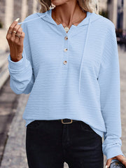 Damen Texturierter Kapuzenpullover mit Knopfleiste und Oversize-Schnitt Nord Taschen – Hellblau