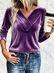 Damen Velours-Longsleeve mit überlappendem V-Ausschnitt und femininer Drapierung Nord Taschen – Violett