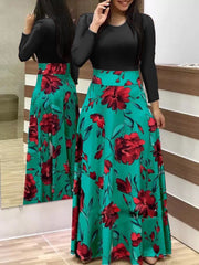 Damen Fließender Maxirock mit hoher Taille und großem Blumenprint Nord Taschen – Grün-Schwarz Langarm