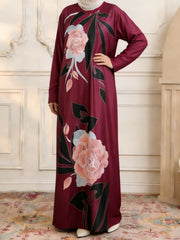 Damen Maxikleid im Kaftan-Stil mit handbemaltem Blumenprint Nord Taschen – Weinrot