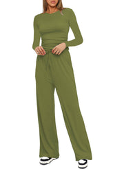 Damen Figurbetontes Longsleeve mit seitlicher Raffung und High-Waist Palazzo-Jogginghose Set Nord Taschen – Hellgrün