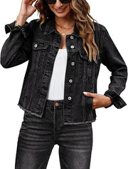 Damen Kurz geschnittene Denim-Jacke mit fransigem Saum und Brusttaschen Nord Taschen – Schwarz