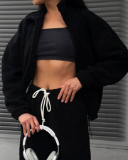 Damen Teddy-Fleece-Loungewear Set mit halbem Reißverschluss elastischem Tunnelzugbund und weitem Bein Arvani – Schwarz