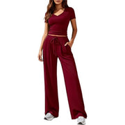 Damen Lässiges Lounge-Set mit tailliertem V-Ausschnitt bauchfreiem Top und weitem Kordelbund-Hose Nord Taschen – Weinrot