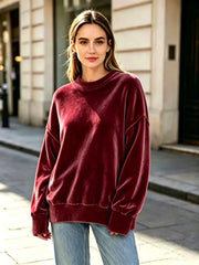 Damen Weicher Oversize-Samtpullover mit hohem Rundhals und überschnittenen Ärmeln Nord Taschen – Weinrot