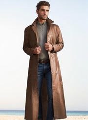 Herren Langer Ledermantel im Trench-Stil mit schmaler Silhouette und Stehkragen Nord Taschen – Khaki