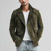 Herren Doppelreihige Velourslederjacke im Kurzmantel-Blouson mit markantem Revers Nord Taschen – Olivgrün