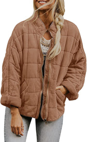 Damen Oversize Steppjacke mit Reißverschluss und Eingrifftaschen Nord Taschen – Dunkelkhaki