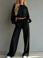 Damen Weiches Lounge-Set mit kurzem Sweatshirt und weiter Jogginghose Nord Taschen – Schwarz