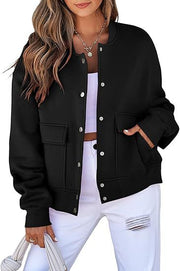 Damen Oversized Bomberjacke aus French Terry mit Druckknopf und aufgesetzten Taschen Nord Taschen – Schwarz