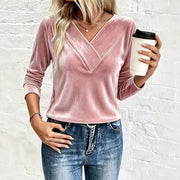 Damen Velours-Longsleeve mit überlappendem V-Ausschnitt und femininer Drapierung Nord Taschen – S: 190 g – XXL: 240 g