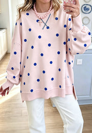 Damen Oversize-Sweatshirt mit Puffärmeln, Polka-Dots und Seitenschlitzen Nord Taschen – Rosa