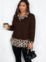 Damen Lagenlook-Pullover mit V-Ausschnitt und Leoprint-Blusen-Einsatz Nord Taschen – Kaffeebraun - Sofortversand