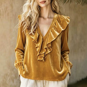 Damen Rüschige V-Ausschnitt-Bluse aus Chiffon mit Volantkragen und elastischen Manschetten Nord Taschen – Gold