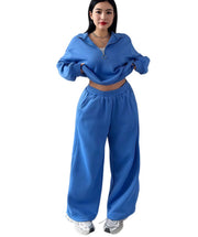 Damen Cropped Oversize-Sweatshirt mit halbem Reißverschluss und weite High-Waist Jogginghose Set Nord Taschen – Royalblau - Sofortversand