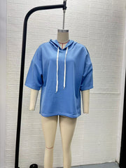 Damen Kurzarm-Oversize-Hoodie mit Kapuze und Kontrastkordel Nord Taschen – Echtes Foto, Viel Lagerbestand