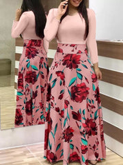 Damen Fließender Maxirock mit hoher Taille und großem Blumenprint Nord Taschen – Rosa langarm