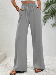 Damen Weite Palazzohose mit hohem Elastikbund, Kordelzug und Eingrifftaschen Nord Taschen – Grau