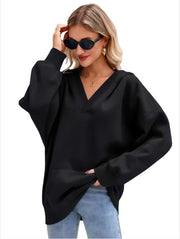 Damen Oversize V-Ausschnitt Hoodie mit Kapuze, Kängurutasche und verlängertem Saum Nord Taschen – Schwarz