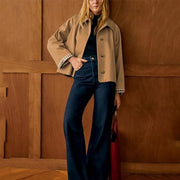 Damen Boxy-Shortcoat mit übergroßem Revers und Karomanschetten Nord Taschen – Camel