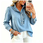 Damen Jeansbluse mit Rüschenkragen und Ballonärmeln Nord Taschen – Hellblau