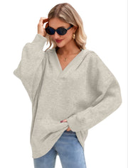 Damen Oversize V-Ausschnitt Hoodie mit Kapuze, Kängurutasche und verlängertem Saum Nord Taschen – Grau meliert