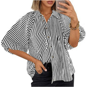 Damen Oversize Hemdbluse mit Ballonärmeln und vertikalem Streifenmuster Nord Taschen – Schwarz