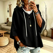 Damen Kurzarm-Oversize-Hoodie mit Kapuze und Kontrastkordel Nord Taschen – Schwarz