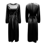Damen Elegantes Maxikleid aus Satin mit Wickel-Detail, Langarm und Taillenband Nord Taschen – Schwarz