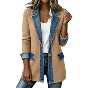 Damen Strickblazer mit Jeansbesatz und Reverskragen Nord Taschen – Khaki