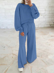 Damen Kurzpullover- und Palazzohose Lounge-Set mit Ballonärmeln Nord Taschen – Himmelblau